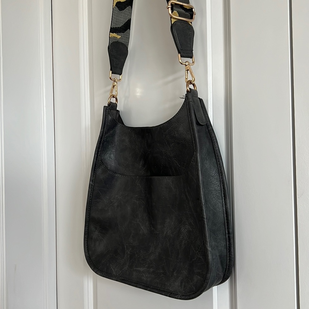 Faux Leather Grey Crossbody Bag With Camo Strap